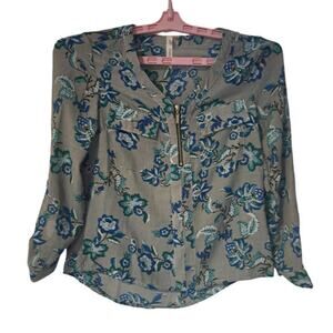 NY Collection Tunic Long Sleeve V‎ neck Top Grey Floral Small 100% Polyester